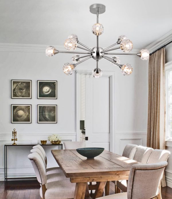 Modern Crystal Chandelier Light, Sputnik Style Chandeliers Brushed Nickel Pendant Light Branches 12-Lights Crystal Ceiling Light Fixtures for Dining Room Bedroom Living Room G9 Bulbs