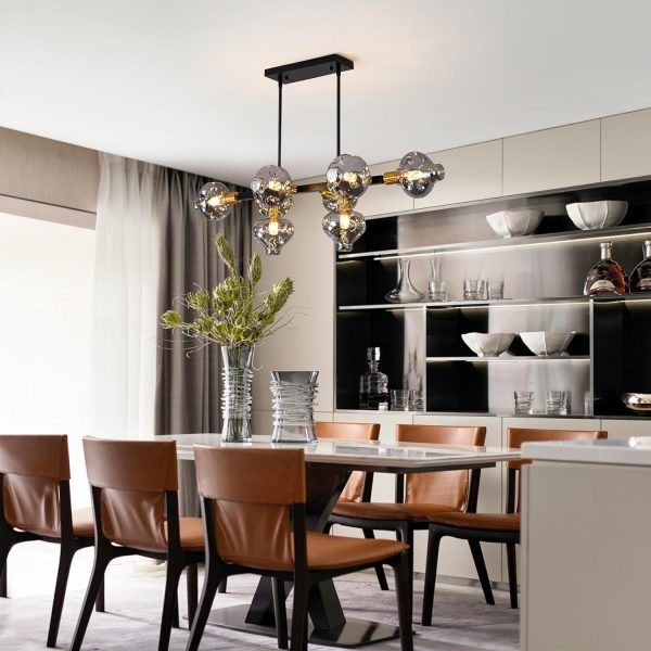 Mid Century Modern Chandelier 8-Light Black and Gold Chandeliers Fixture with Smoke Gray Glass,Ceiling Light Fixture Height Adustable Pendant Light for Kitchen Island Living Room Dining Room