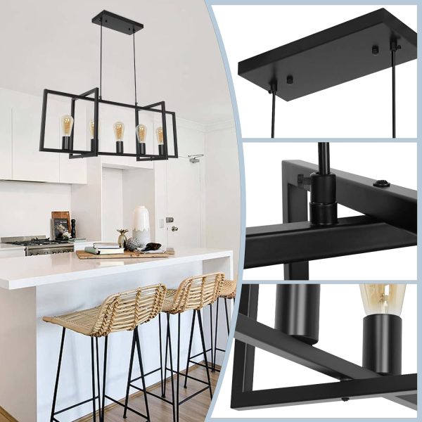 Farmhouse Modern Kitchen Island Chandelier, Industrial Black Island Light Fixture for Dining Room Kitchen Living Room (5-Light)