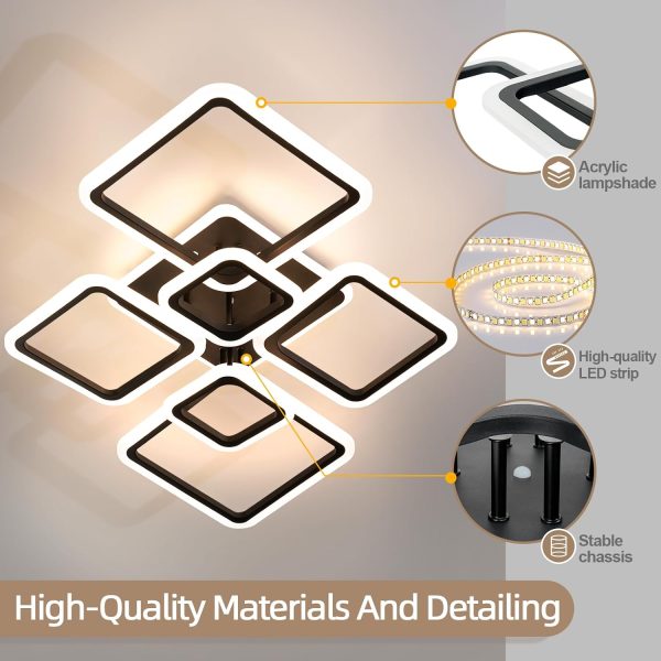 Modern LED Ceiling Light, 40.2'' Dimmable Acrylic Square 6+1 Rings Ceiling Lamp with Remote, Black Flush Mount Ceiling Lights Fixture for Low Ceiling Bedroom Living Room Dining Room, 130W