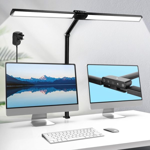 LED Desk Lamp,78cm Architect Double Head Light, 24W Bright Workbench Home Office Lighting with Light Sensor, Monitor Desk Clamp Light for Work Read Painting - 5 Colors/Brightness, 40Min Timer