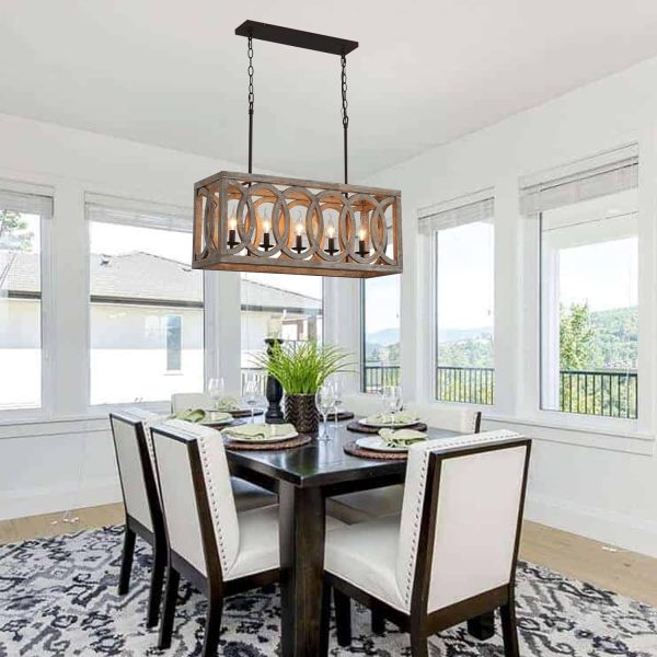 5-Light Farmhouse Kitchen Island Chandelier Rectangular Dining Room Lights Fixtures Over Table, 30" Linear Rustic Wood Ceiling Pendant Hanging Lighting Pool Table Light Fixture for Restaurant