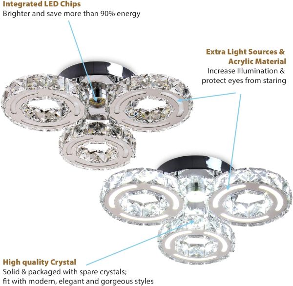 Modern Crystal Chandelier 3 Rings LED Crystal Flush Mount Ceiling Light Fixtures Contemporary Stainless Steel Pendant Bedroom Lights Fixtures for Dining Room Living Room (Cool White)