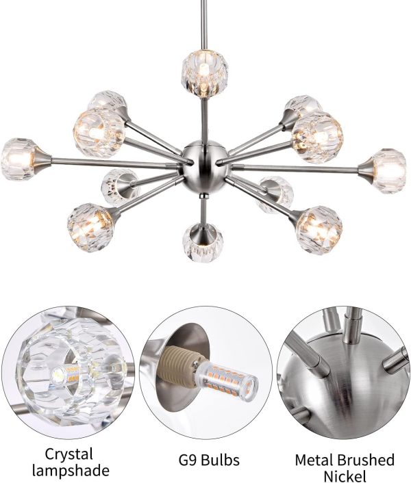 Modern Crystal Chandelier Light, Sputnik Style Chandeliers Brushed Nickel Pendant Light Branches 12-Lights Crystal Ceiling Light Fixtures for Dining Room Bedroom Living Room G9 Bulbs