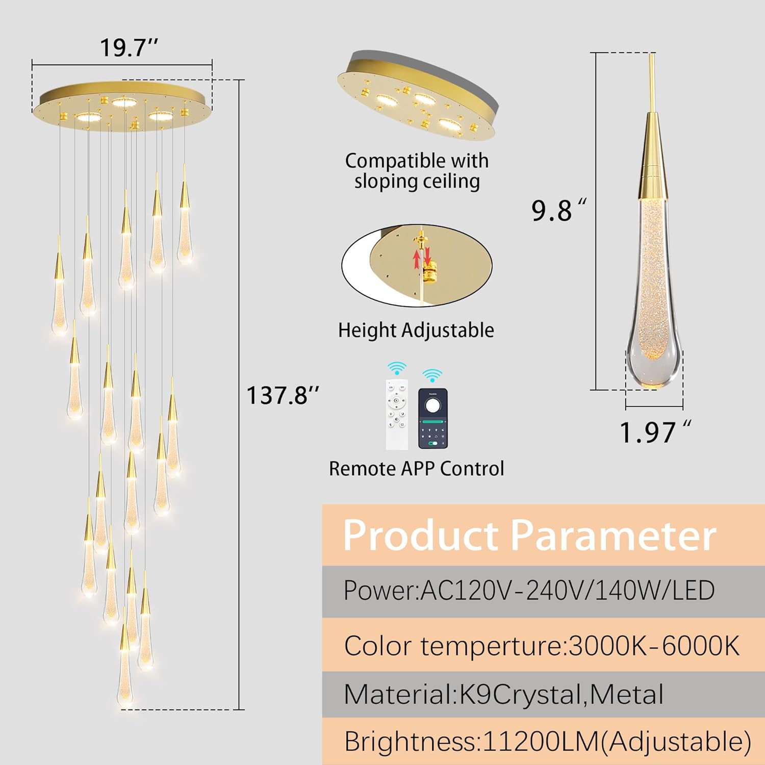 HAIXIANG Modern Crystal Chandeliers for Living Room Teardrops Pendant Light Remote Entrance Chandelier with Dimmable 2700K 4000K 6000K Lighting Fixtures 16 Lights High Ceiling Chandeliers