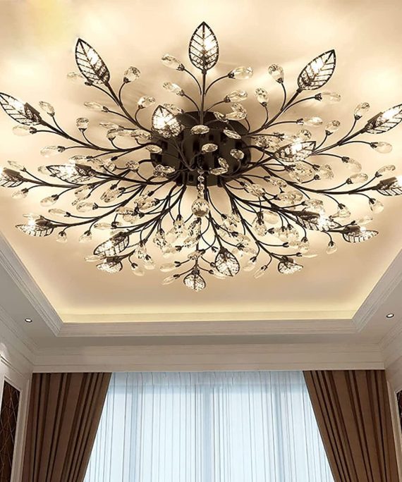 Modern Ceiling Light Crystal Ceiling Pendant Lamp Leaf Flush Mount Ceiling Light Fixture Decorative Chandelier for Dining Room Bedroom Living Room (15-Heads, Black)