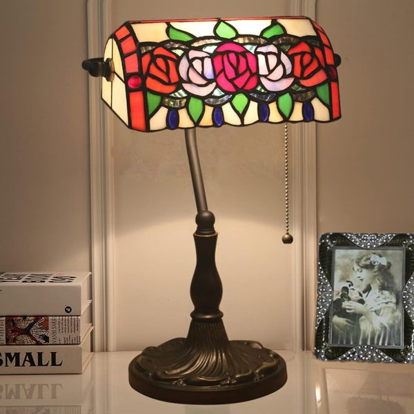 Bankers Table Lamp Stained Glass Piano Desk Lamp Vintage Bedroom Bedside Lamp for Study,Antique Alloy Base,Zipper Switch,Blue Baroque