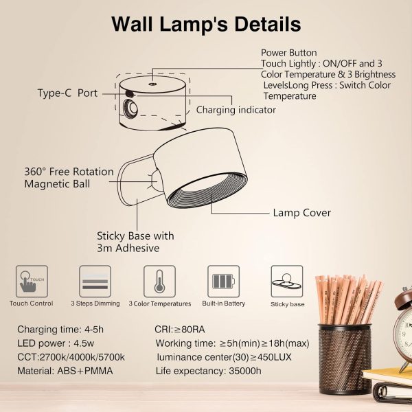 LED Sconces, Wall Mounted Lamps with Rechargeable Battery Operated USB Port 3 Color Temperatures & 3 Brightness Levels 360??Rotate Magnetic Ball, Cordless Lights for Reading Bedside