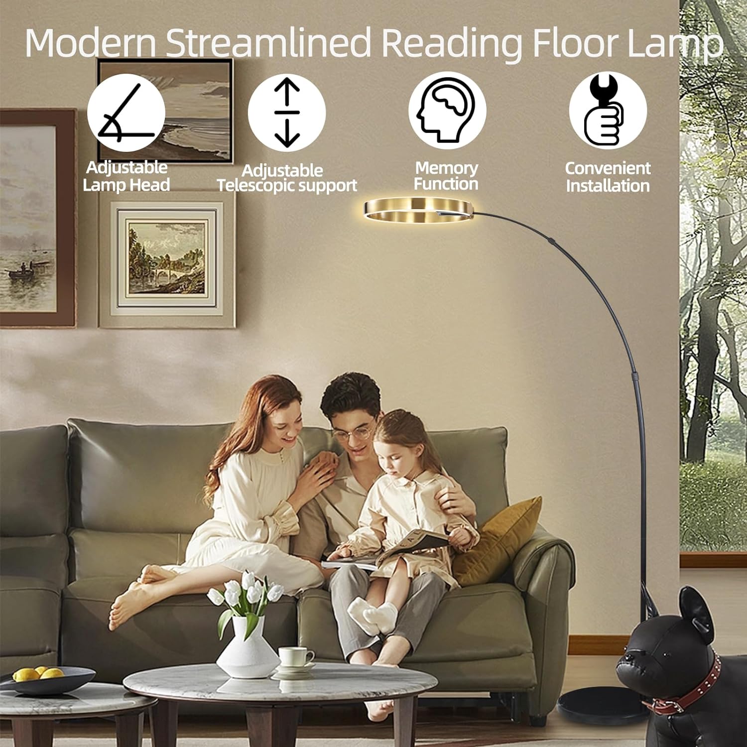 MGJXTWG Arc Floor Lamps for Living Room, Gold Modern Floor Lamp, Tall Pole Lamp with Foot Switch, Adjustable Hanging Drum Shade, Over Couch Arched Reading Light for Bedroom, Office,