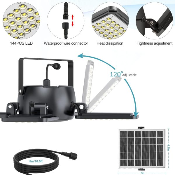 Solar Pendant Light Outdoor Indoor Solar Powered Motion Sensor Shed Light,144LED 1200LM Daytime Work Light with 5 Lighting Modes Remote Control 4 Heads Light for Garage Gazebo Barn (Black)
