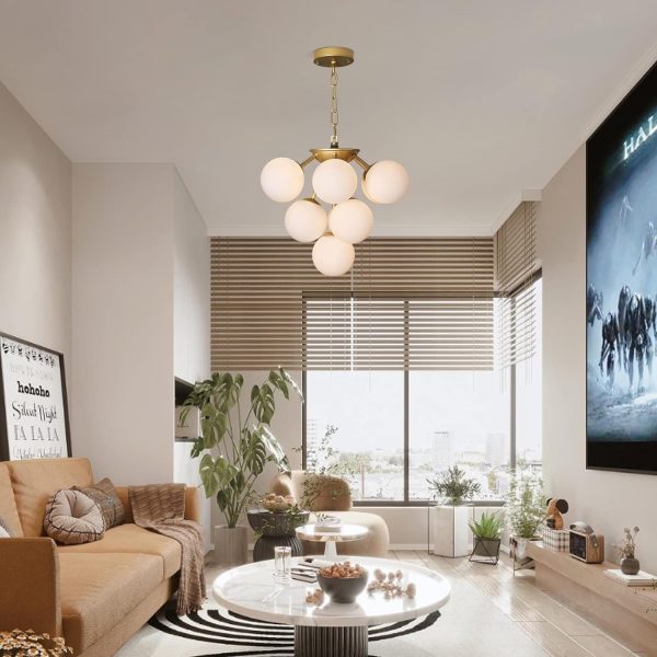 Modern 10-Lights Milk Opal Glass Globe Sputnik Chandelier, Satin Brass Molecule Magic Bean Shape of Grape Kitchen Island Pendant Light Fixture, Gold Mid Century Ceiling Hanging Light for Living Room