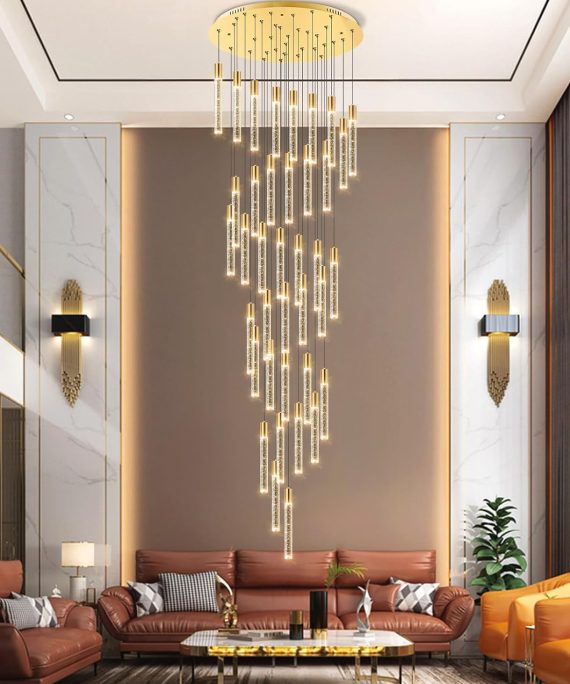 16.3 Foot Chandeliers for Living Room LED Lights Simple Modern Crystal Light Extra Large Chandelier Light Fixture Entryway Foyer High Ceiling Chandelier Lighting with LED Light Bulbs Sloping Ceiling