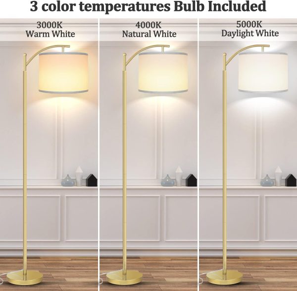 Floor Lamp with 3CCT LED Bulb, Lamp for Living Room with White Lamp Shade, Modern Standing Lamp Floor Lamps for Bedrooms - Gold