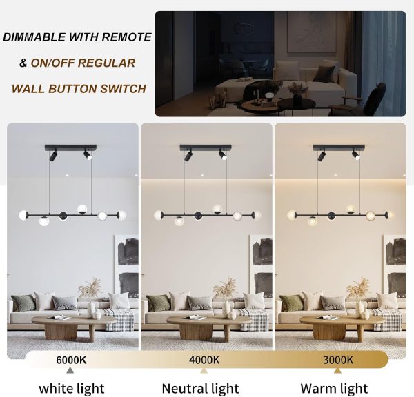 Modern Globe Pendant Light, 47in Dimmable LED Black Chandelier Light Fixture, Linear Hanging Pendant Light Fixtures Bubble Chandelier for Dining Room Table Kitchen Island Home (6-Bulb)