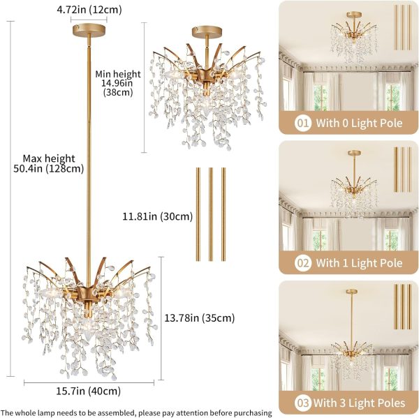 Pendant Light Fixtures, Dia 15.7in Hand-string Teardrop Crystal Modern Chandelier, Height Adjustable Gold Hanging Light Fixture, Mid Century Ceiling Lighting for Kitchen Island Bedroom Dining Room