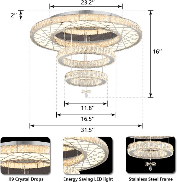 32"W Modern Chandeliers Living Room Light Crystal Flat Mounted Ceiling Lights Dining Room Light Bedroom Ceiling Drop Lighting Fixture Remote Dimmable Lights Bright Light with Dimming Night Light LED