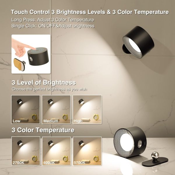 LED Wall Sconce, Wall Mounted Lamp with Rechargeable Battery Operated USB Port 3 Color Temperature & 3 Brightness Level 360??Rotate Magnetic Ball, Cordless Light for Reading Study Bedside