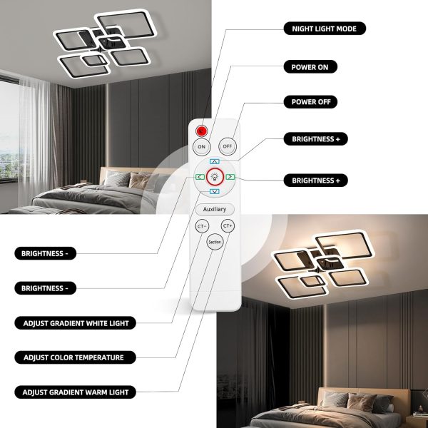 Modern LED Ceiling Light, 40.2'' Dimmable Acrylic Square 6+1 Rings Ceiling Lamp with Remote, Black Flush Mount Ceiling Lights Fixture for Low Ceiling Bedroom Living Room Dining Room, 130W