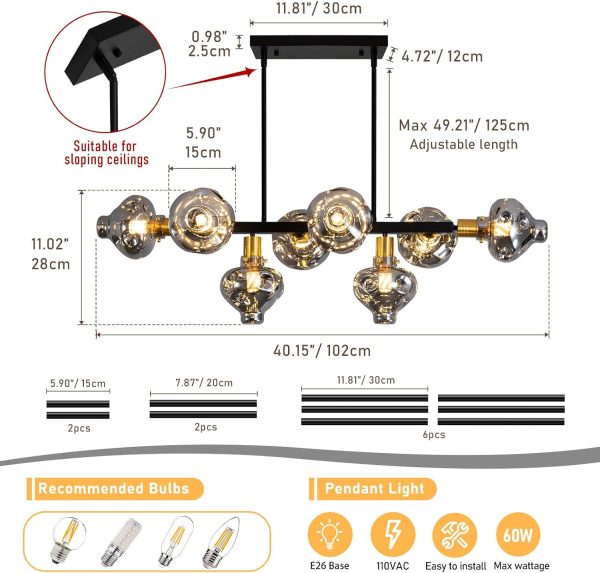 Mid Century Modern Chandelier 8-Light Black and Gold Chandeliers Fixture with Smoke Gray Glass,Ceiling Light Fixture Height Adustable Pendant Light for Kitchen Island Living Room Dining Room