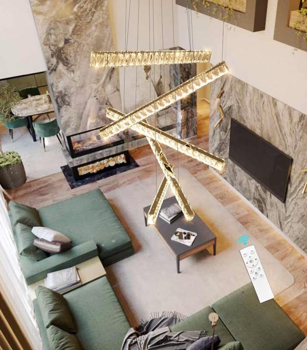 Modern Chandeliers Linear Light for Dining Room Crystal LED Ceiling Pendant Light Fixtures Dimmable High Ceiling Chandeliers for Living Room Staircase Bedroom Kitchen Island Foyer 2700K 6000K