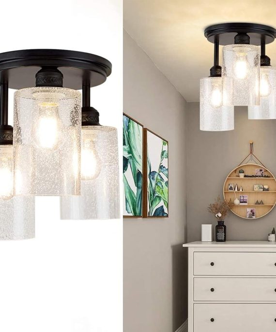 Semi Flush Mount Ceiling Light Farmhouse, Seeded Glass Chandelier Ceiling Light Fixture with 3-Light for Dining Room, Hallway, Kitchen, Bedroom, Entryway, E26 Base Black