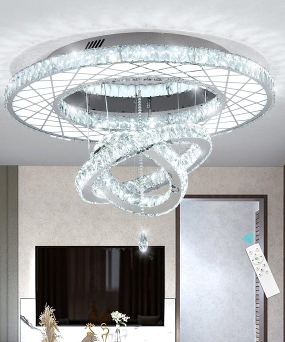32"W Modern Chandeliers Living Room Light Crystal Flat Mounted Ceiling Lights Dining Room Light Bedroom Ceiling Drop Lighting Fixture Remote Dimmable Lights Bright Light with Dimming Night Light LED