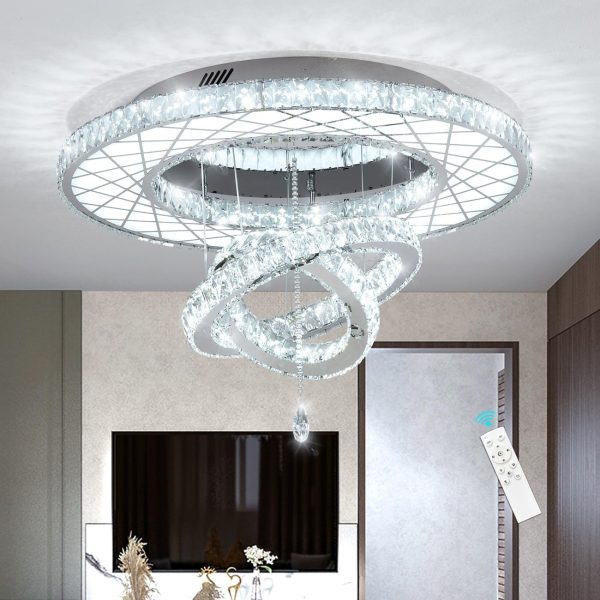 32"W Modern Chandeliers Living Room Light Crystal Flat Mounted Ceiling Lights Dining Room Light Bedroom Ceiling Drop Lighting Fixture Remote Dimmable Lights Bright Light with Dimming Night Light LED