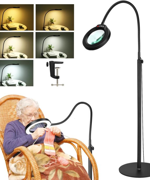 5X Magnifying Glass with Light and Stand, Krstlv 24" Flexible Gooseneck Magnifying Floor Lamp, 3-in-1 LED 5 Color Modes Stepless Dimmable Lighted Magnifier Hands Free for Close Work, Hobby, Esthetican