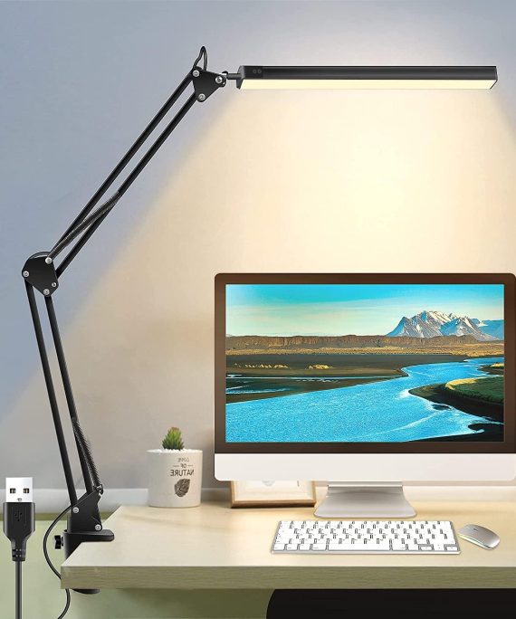 LED Desk Lamp Adjustable Clamp, Architect Desk Lamp, Swing ArmTable Lamp for Desk, 3 Color Modes and 10 Brightness Levels, 10W Reding Light for Home Office, Desk Accessories, Work Bench