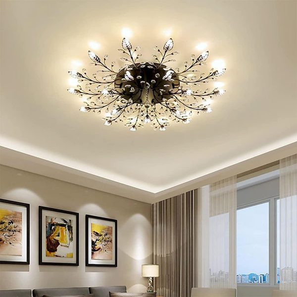 Modern Ceiling Light Crystal Ceiling Pendant Lamp Leaf Flush Mount Ceiling Light Fixture Decorative Chandelier for Dining Room Bedroom Living Room (15-Heads, Black)