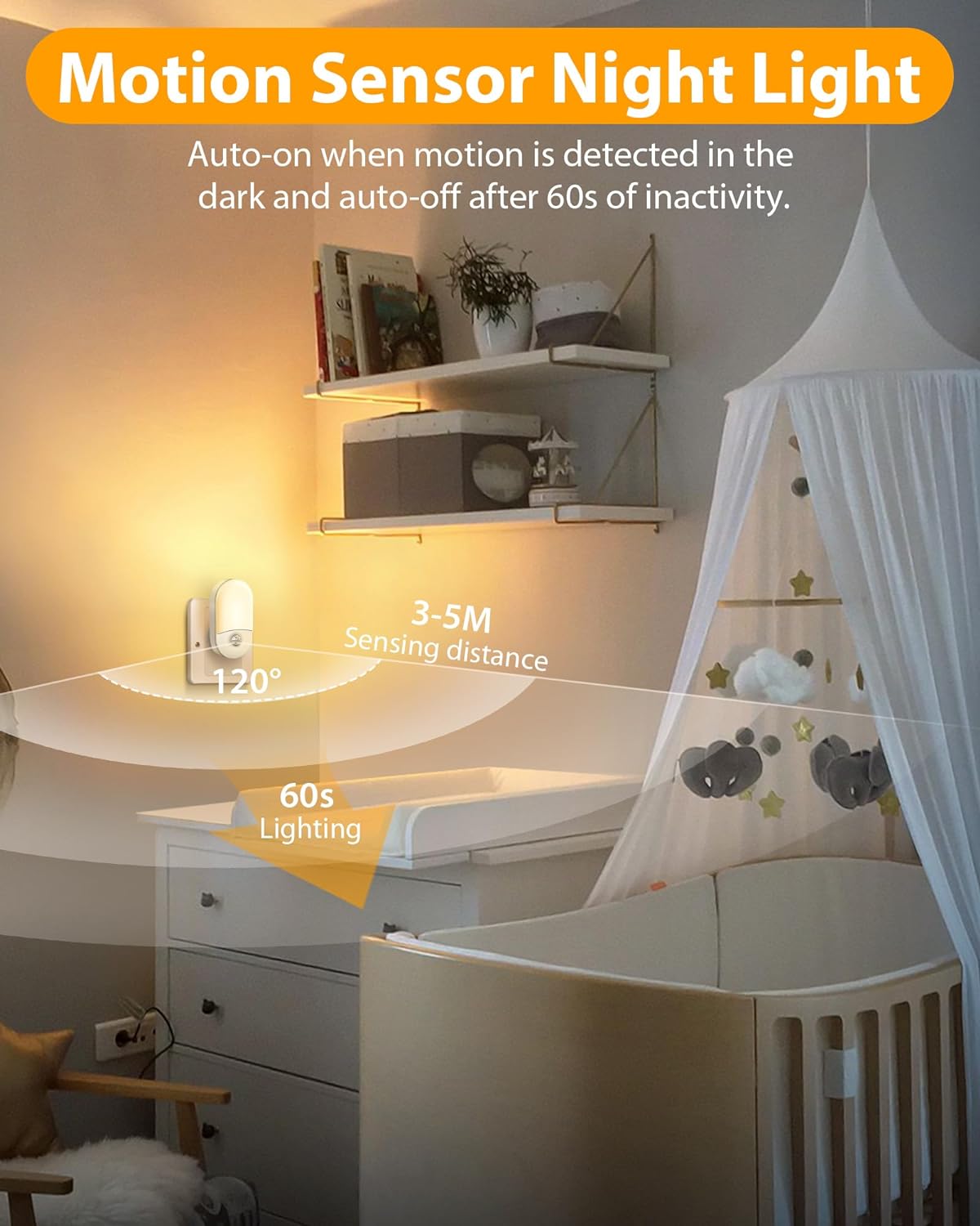 Motion Sensor Night Light Plug in, LED Night Light Dimmable 30LM and 60LM, Warm White 3000K, Indoor Night Lamp Plug into Wall for Bedroom, Kids' Room, Bathroom, Stair,2 Pack