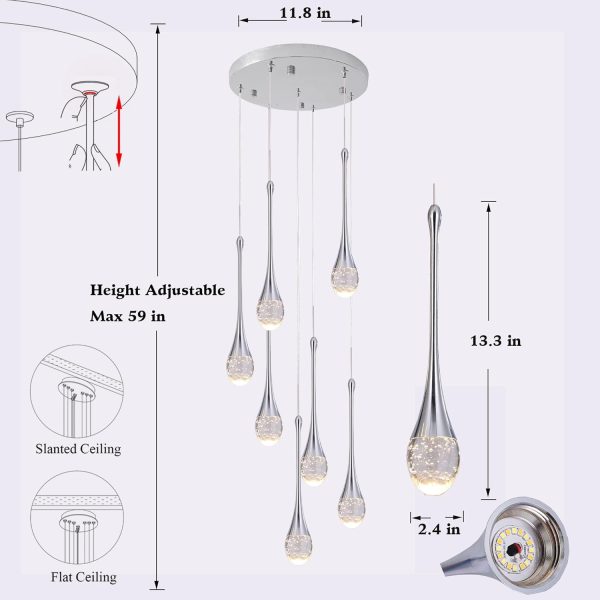 Modern Crystal Bubble Chandelier 7-Lights,High Ceiling Dimmable LED Crystal Spiral Raindrop Light for Foyer Entryway Dining Room with Remote Control Chrome