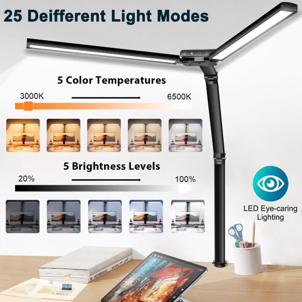 LED Desk Lamp,78cm Architect Double Head Light, 24W Bright Workbench Home Office Lighting with Light Sensor, Monitor Desk Clamp Light for Work Read Painting - 5 Colors/Brightness, 40Min Timer