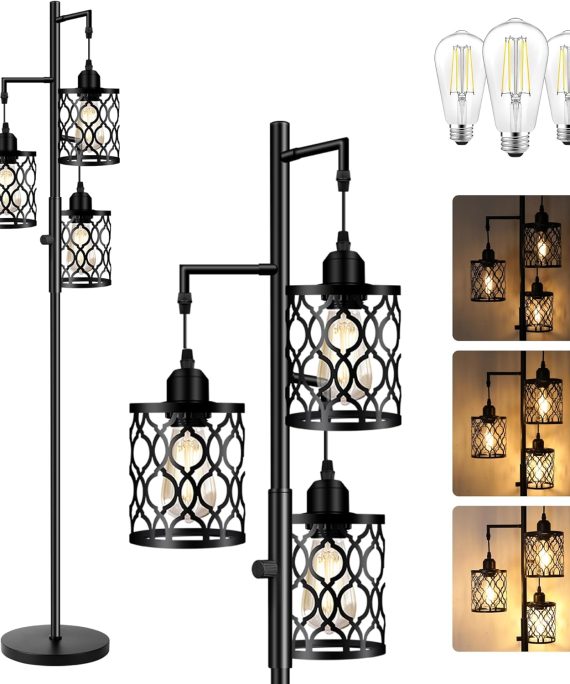 Dimmable Farmhouse Floor Lamp, Industrial Floor Lamp for Living Room with 3 X 6W LED Bulbs, 3 Light Rustic Standing Tall Lamp for Bedroom, Office, 68"