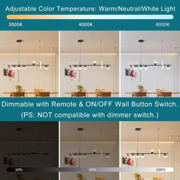 Modern LED Chandeliers for Dining Room, Dimmable Kitchen Pendant Lighting Over Island, 39in Linear Globe Chandelier Light Fixture, Black Hanging Pendant Lights for Kitchen Island (2400lm)