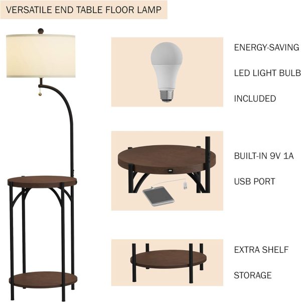 Lavish Home Floor Lamp with Table - Modern Rustic Side Table with USB Charging Port, LED Bulb, and Drum-Shaped Shade - Standing Light with Shelves 16 in x 16 in x 58 in