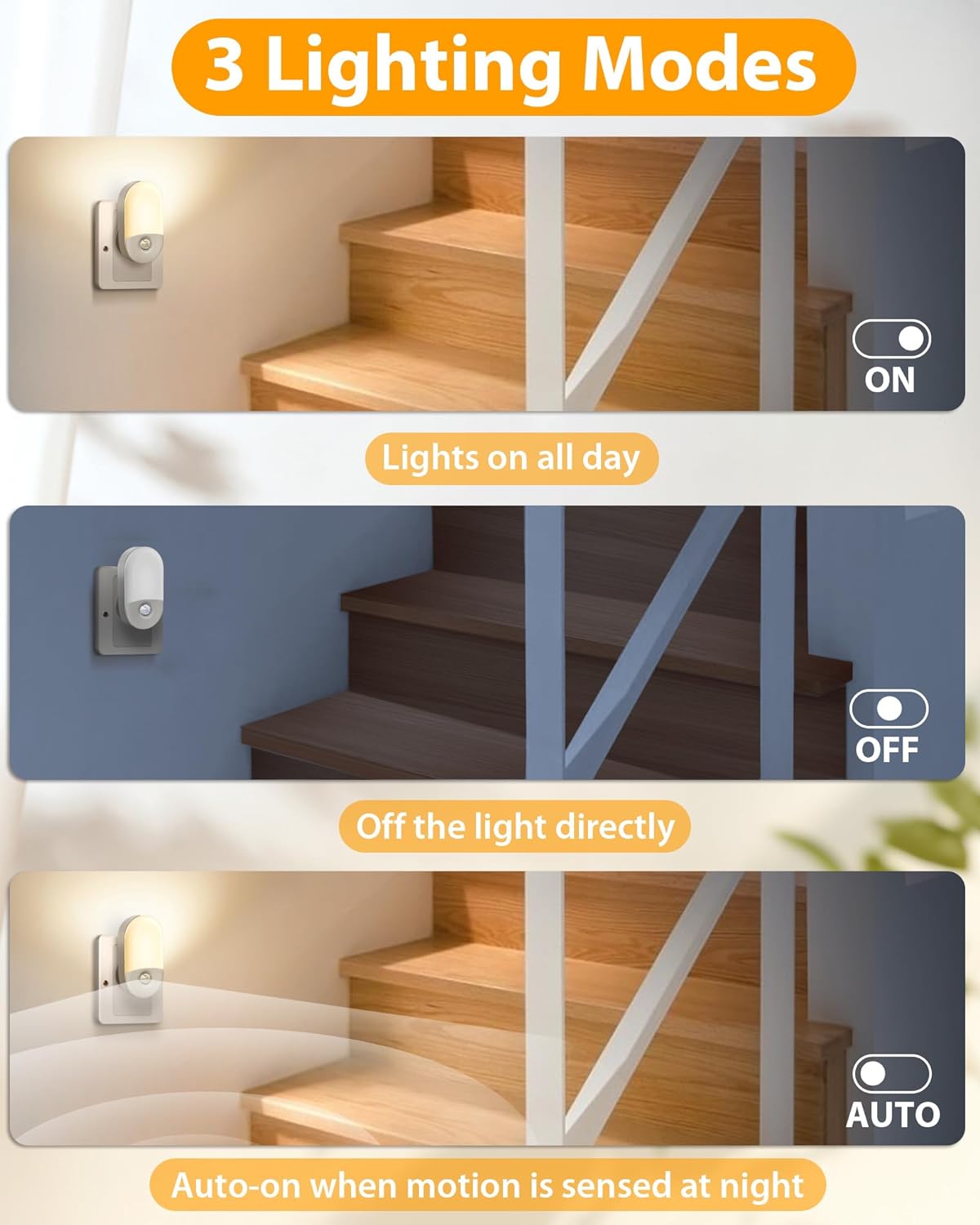 Motion Sensor Night Light Plug in, LED Night Light Dimmable 30LM and 60LM, Warm White 3000K, Indoor Night Lamp Plug into Wall for Bedroom, Kids' Room, Bathroom, Stair,2 Pack