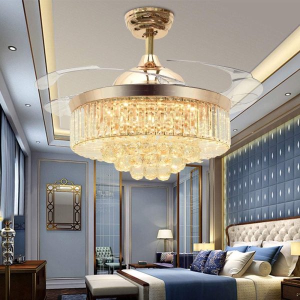 42" Reversible Ceiling Fans Chandeliers Modern Retractable Ceiling Fan with LED Light and Remote, Invisible Crystal Ceiling fan with 4 Clear ABS Blade, Diningroom Ceiling Light Kits with Fans (Gold)