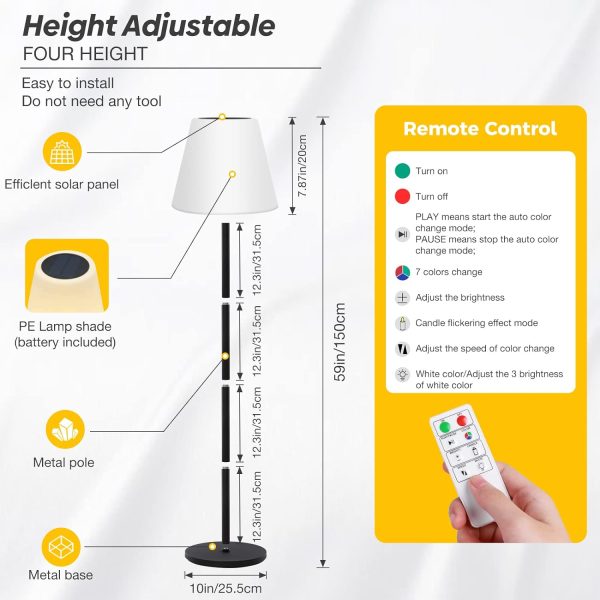 Outdoor Floor Lamp Solar Powered Lamps for Patio Waterproof,Rechargeable Indoor Cordless with Light Sensor,Dimmable Warm White+RGB LED Lawn, Porch,Garden. XCY-SFLP-002