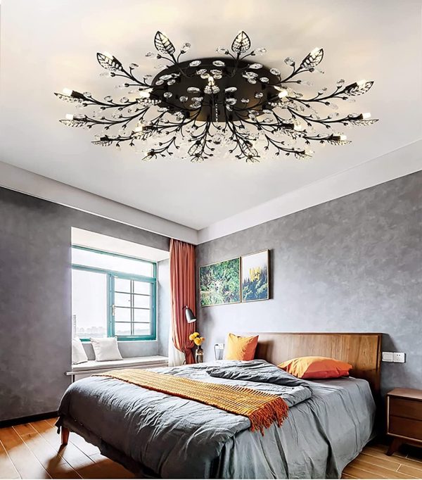 Modern Ceiling Light Crystal Ceiling Pendant Lamp Leaf Flush Mount Ceiling Light Fixture Decorative Chandelier for Dining Room Bedroom Living Room (15-Heads, Black)