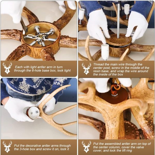 Antler Chandelier 6 Light, Resin Deer Antler Chandelier Lighting, Rustic Antler Ceiling light Fixtures with E12 Base, Christmas Antler Chandelier Decorations for Dining Room Porch Kitchen Entryway