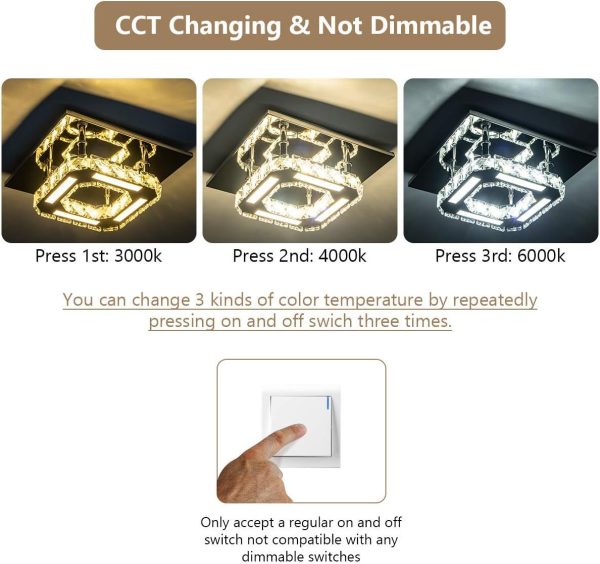 Modern Crystal Chandelier Not Dimmable Flush Mount Ceiling Light Color Temperature Adjustable LED K9 Crystal 8K Stainless Steel Ceiling Lamp, 120lm/w CRI>80 3000K/4000K/6000K, Chrome, by Kai