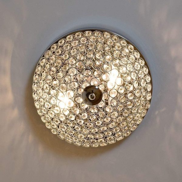 Modern Flush Mount Crystal Ceiling Light, 2-Light Small Chandelier Close to Ceiling Light Fixtures for Bedroom, Entryway, Foyer, Hallway, Dining Room, Chrome Finish Bowl Shape Shade E12