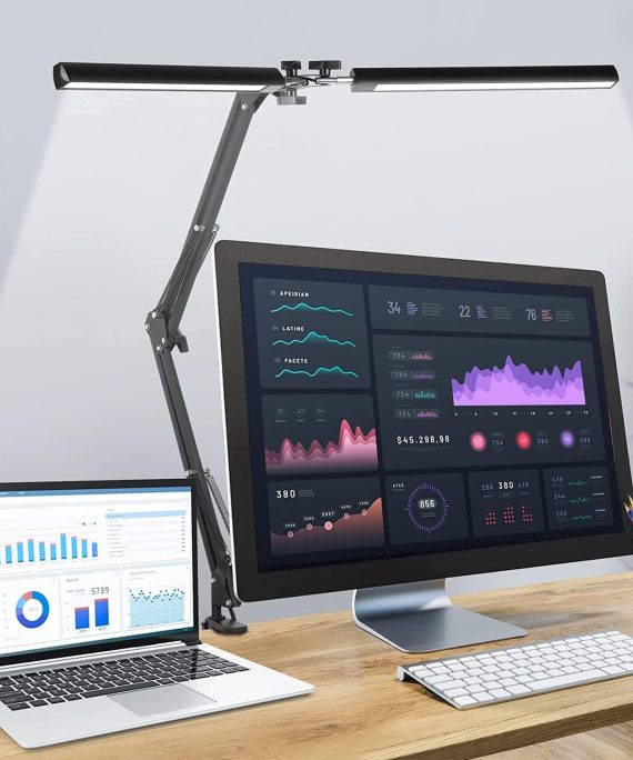 LED Desk Lamp Double Head, 24W Brightest Architect Table Lamp for Home Office, 73cm Modern Monitor Light Double Swing Arm, 3 Colors 10 Brightness for Studio Reading Piano (Black)