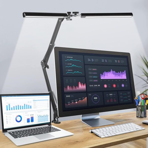 LED Desk Lamp Double Head, 24W Brightest Architect Table Lamp for Home Office, 73cm Modern Monitor Light Double Swing Arm, 3 Colors 10 Brightness for Studio Reading Piano (Black)