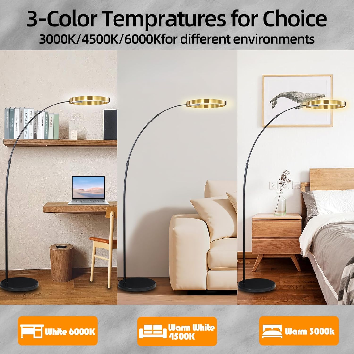 MGJXTWG Arc Floor Lamps for Living Room, Gold Modern Floor Lamp, Tall Pole Lamp with Foot Switch, Adjustable Hanging Drum Shade, Over Couch Arched Reading Light for Bedroom, Office,