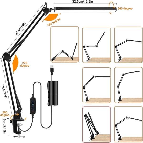 LED Desk Lamp Adjustable Clamp, Architect Desk Lamp, Swing ArmTable Lamp for Desk, 3 Color Modes and 10 Brightness Levels, 10W Reding Light for Home Office, Desk Accessories, Work Bench
