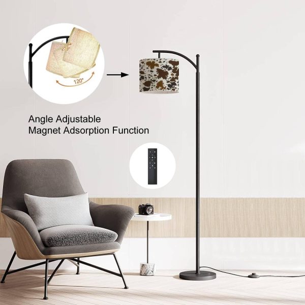 Modern Arc Floor Lamp with Dimmer Mid Century Cow Leather Skin Brown Metal Standing Lamp with Linen Shade Footswitch for Living Room Bedroom Office