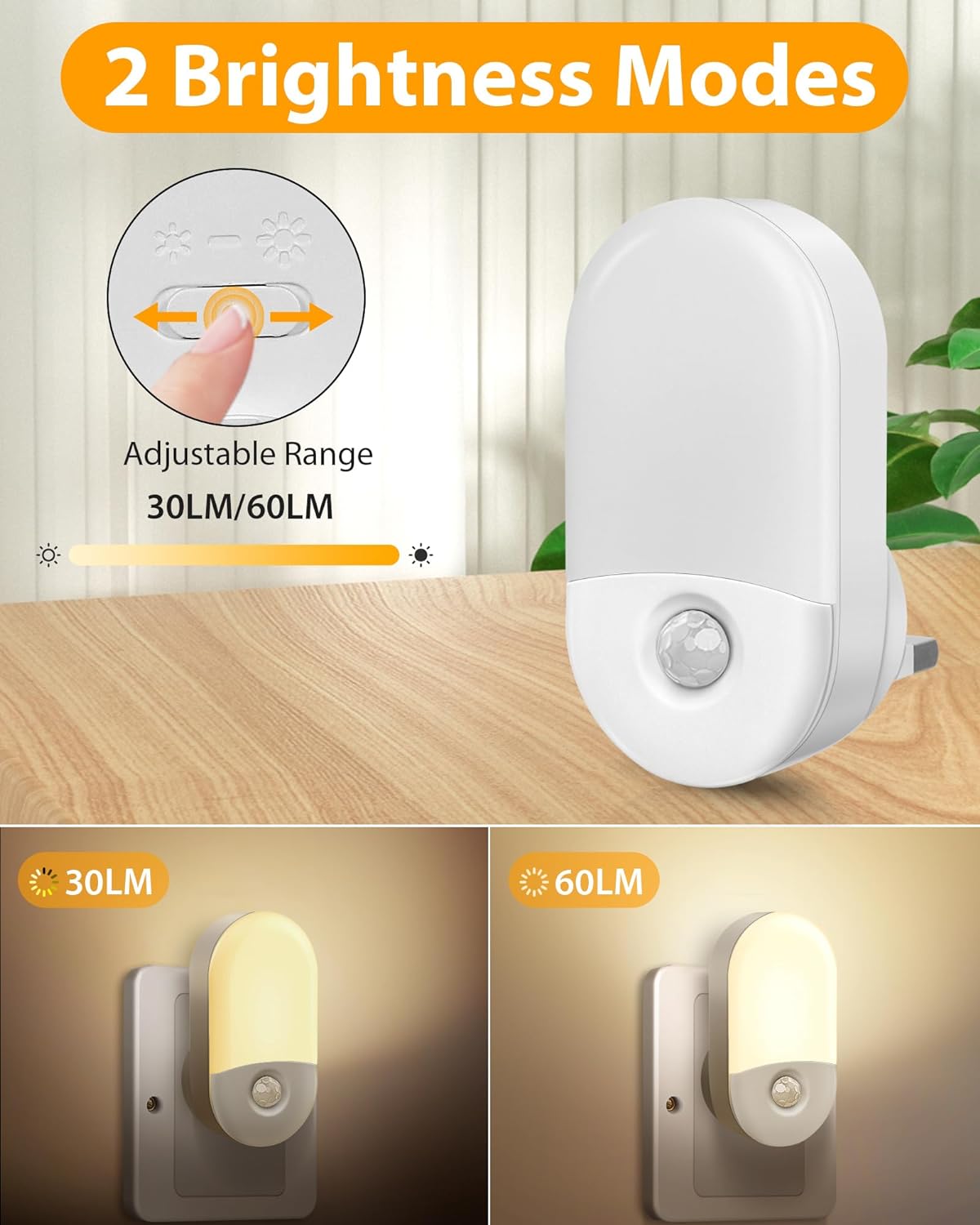 Motion Sensor Night Light Plug in, LED Night Light Dimmable 30LM and 60LM, Warm White 3000K, Indoor Night Lamp Plug into Wall for Bedroom, Kids' Room, Bathroom, Stair,2 Pack