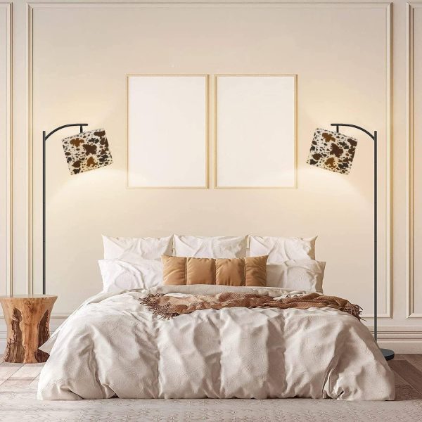 Modern Arc Floor Lamp with Dimmer Mid Century Cow Leather Skin Brown Metal Standing Lamp with Linen Shade Footswitch for Living Room Bedroom Office